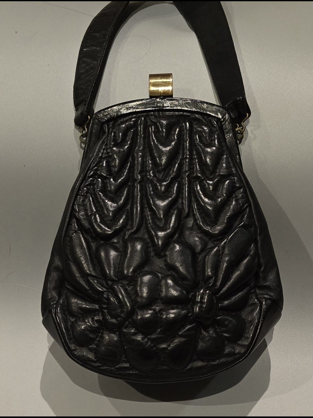 Unique Vintage Black Ruched Leather Shoulder Bag with Gold Clasp
